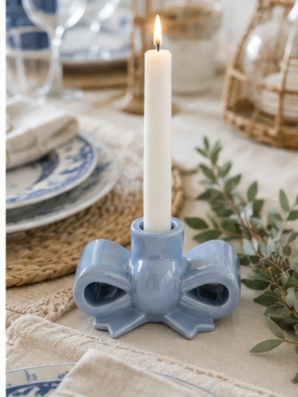 My Texas House Blue Ceramic Bow Taper Candle Holder 2.5